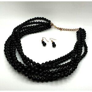 Black Multi-Strand Beaded Necklace & Matching Dangle Earrings Set With Gold-Tone